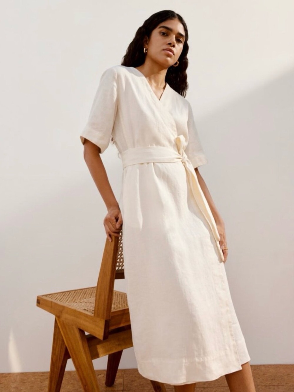 Everlane Cream Wrap Midi Dress with Waist Tie